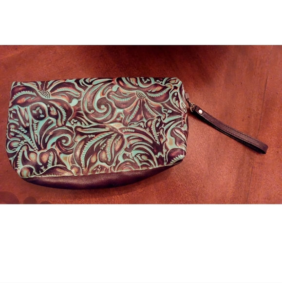 PATRICIA NASH Valerie Turquoise Aqua Brown FLoral Tooled  Foldover Clutch Purse - Picture 5 of 8